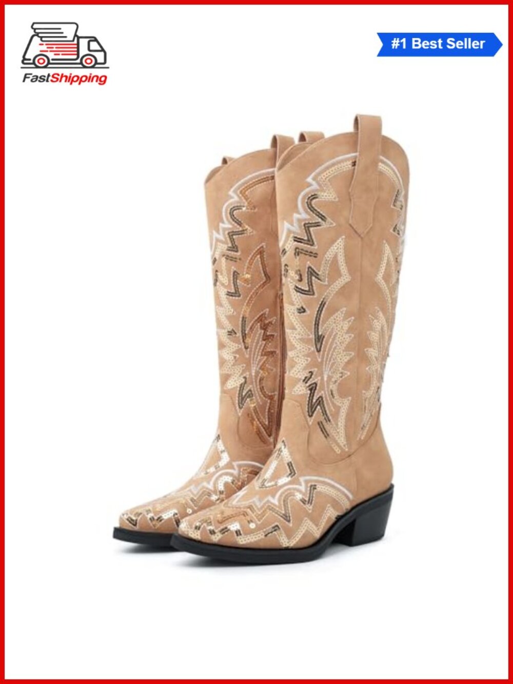 ✨ Sequin Embroidered Mid Calf Western Cowgirl Boots with Chunky Block Heel &